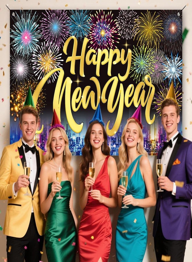 REDWORD Happy New Year 2026, Happy New Year Banner 71x44 Inch New Years Backdrop Reusable New Years Eve Party Supplies 2026 with Fireworks Pattern for New yea r Photo Booth Background Party Decorations - Image 4
